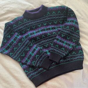 Vintage Navy Purple Green Fair Isle Mock Neck Sweater